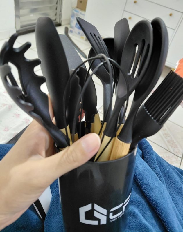 Kit C/12 Utensílios De Cozinha Silicone Cabo Madeira