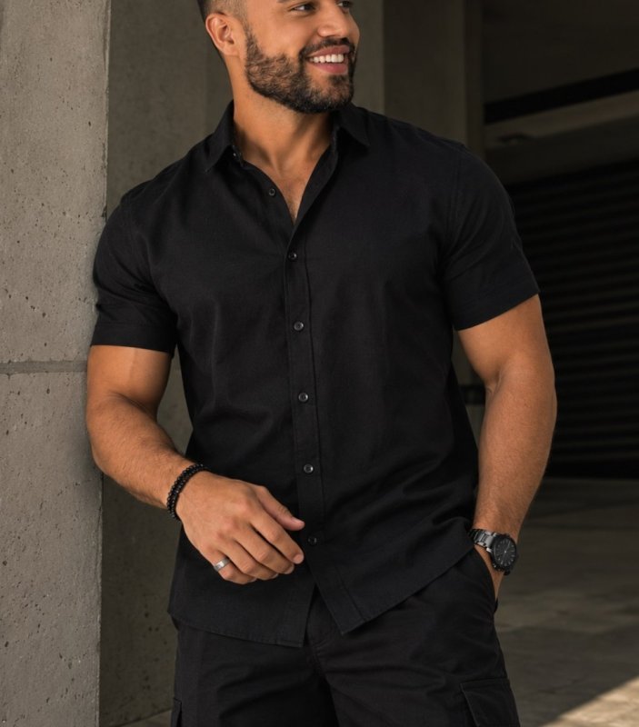 Camisa Social Masculina Manga Curta Slim Gola Italiana Lisa