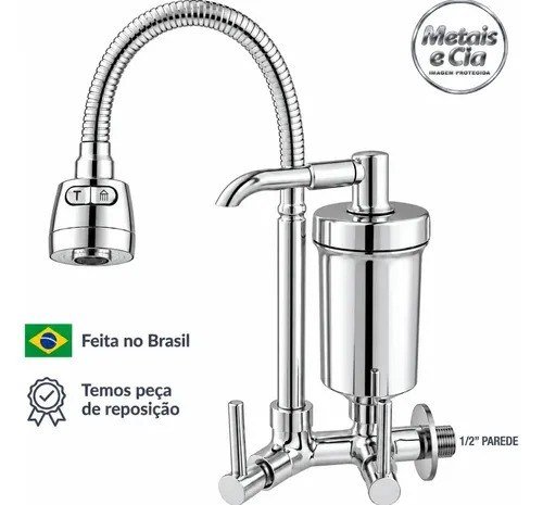 Torneira Com Filtro Com Purificador Agua Bica Flexível Gourmet para Cozinha Parede Bica com Filtro Chuveirinho 2 Modos de Jatos A Mais Vendida