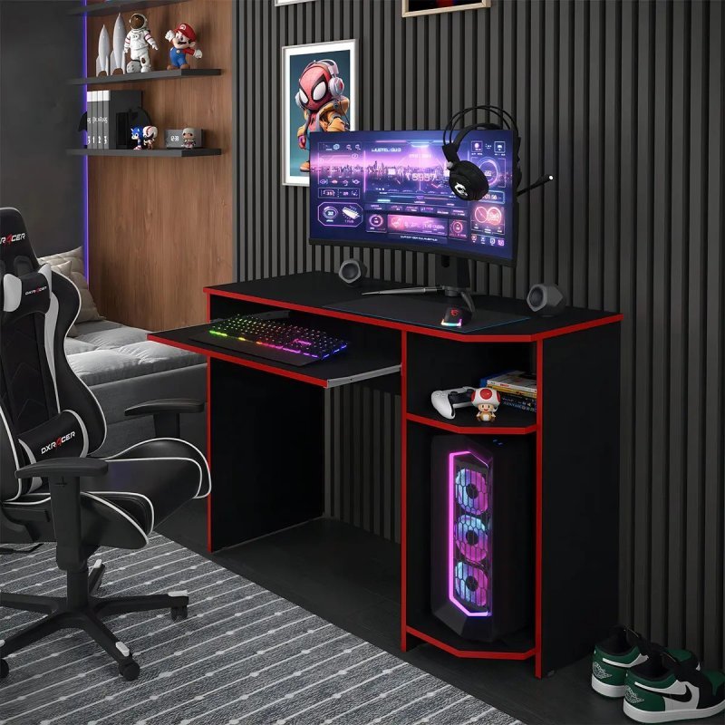 Escrivaninha Mesa Para Computador Gamer Teclado Cpu Cor Preto Vermelho