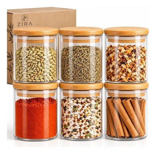 Kit 6 Pote Vidro Porta Temperos Hermético Cozinha Organiza Vidro/tampa De Bambu