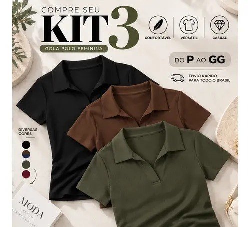 Kit 3 Blusa Feminina Gola Polo Canelada Básica Casual Lisa Preto, Marrom E Verde Liso P/m (36/42)