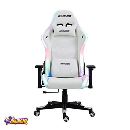 MAX RACER Cadeira Gamer Khroma - Poltronas Gamer de Aço, Cadeira Ergonômica - Luz LED, Suporta 150kg, Braço 2D, Tecido Sintético PVC, Inclinação 135°, Almofada Cervical e Lombar - WiFi - Branca