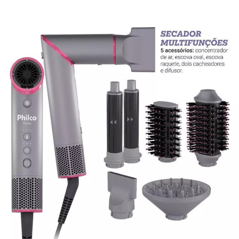 Secador de Cabelos Philco PSD16A Motor BLDC 1450W + 5 Acessórios