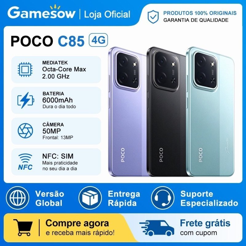 Xiaomi POCO C85 4G (Versão Global) Android 15 NFC Tela 6.9” 120Hz Bateria 6000mAh Carga Rápida (Versão Global)