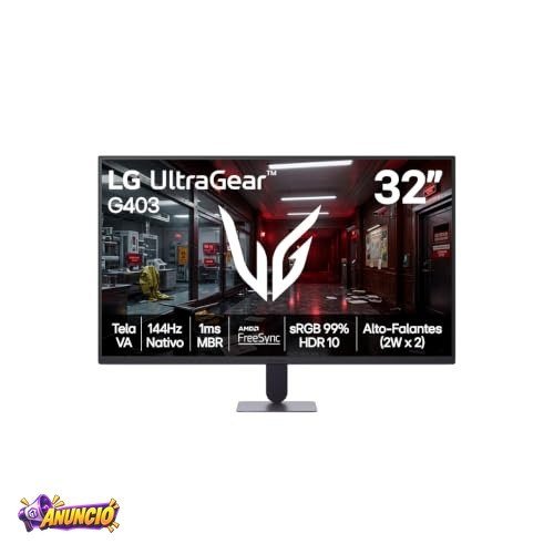 Monitor LG UltraGear - Tela VA FHD 32”, 144Hz nativo, 1ms (MBR), AMD FreeSync, HDR10, sRGB 99%, Preto - 32G403B