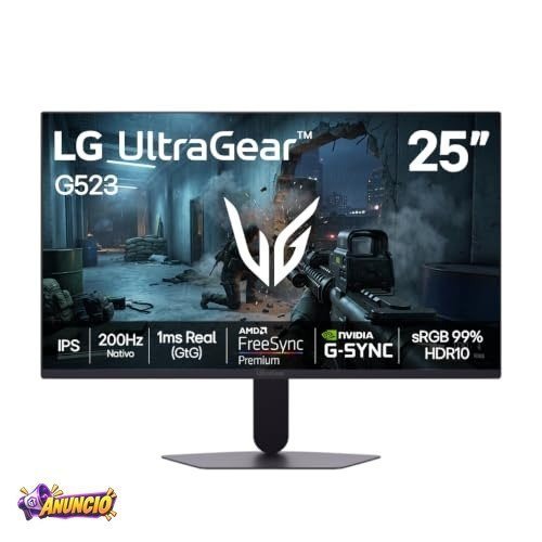 Monitor LG UltraGear - Tela IPS de 25”, 200Hz, 1ms (GtG), NVIDIA G-SYNC e AMD FreeSync Premium, HDR10, sRGB 99%, Preto - 25G523B