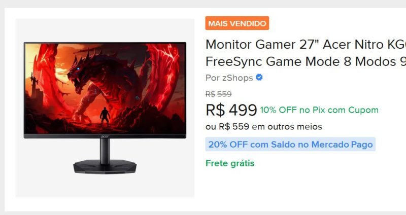 Monitor Gamer 27" Acer Nitro Kg0 Kg270 P0bi com Tela Led Va Full Hd 144Hz