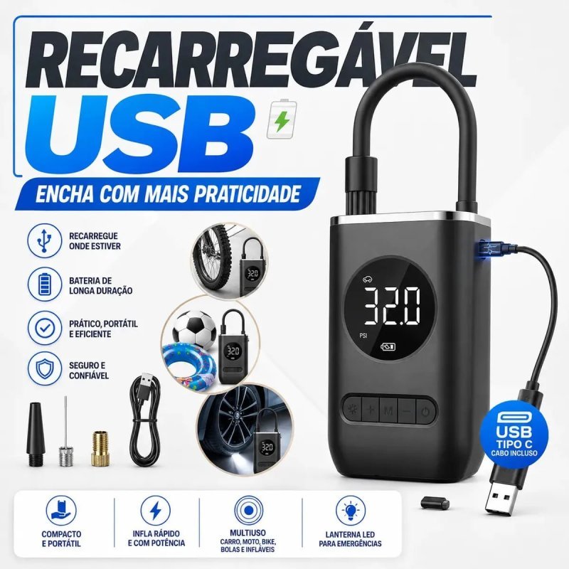 Calibrador De Ar Digital Para Pneu Portátil Compressor USB