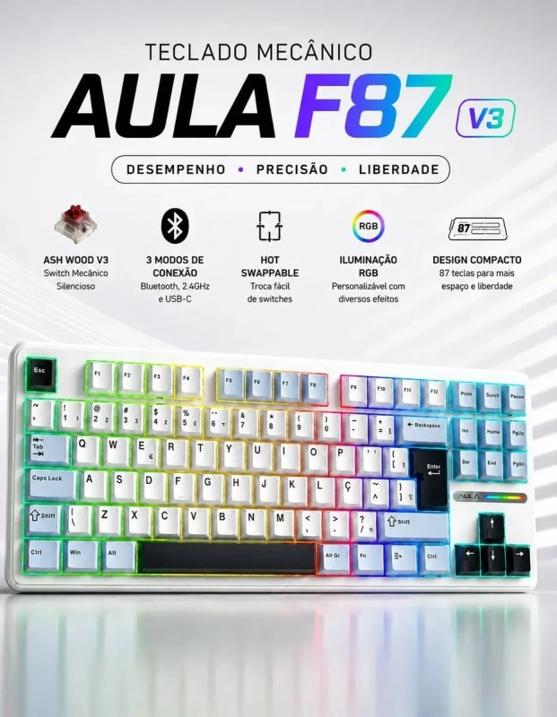 Teclado Mecânico Aula F87 Branco RGB Sem Fio Tri Mode Bluetooth 2.4GHz USB-C