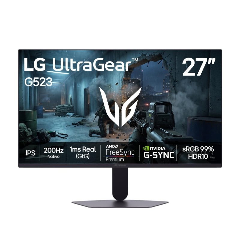 Lg UltraGear Monitor Gamer 27" Ips 200Hz, 1ms (GtG), Full Hd (1920x1080), Hdr10, Nvidia G-Sync Amd, FreeSync Premium, sRGB 99%, Preto 27G523b