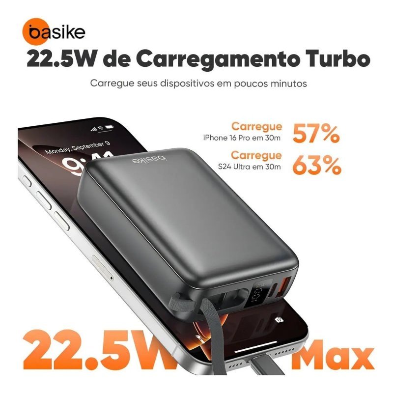 Carregador Portátil Power Bank Basike 20000mAh 22.5W Rápido Cabos Embutidos Tipo C iPhone Samsung