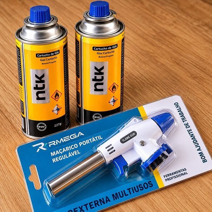 Maçarico Portátil Regulável + 2 Refil Chama Fina 1300°C para Gás Butano