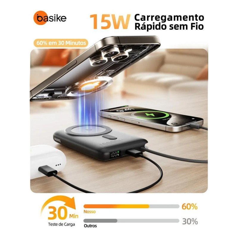 Power Bank Magnético Basike 10.000mAh, Carregador Portátil Turbo Sem Fio com MagSafe