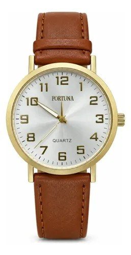 Relógio De Pulso Masculino Minimalista Old Money Fortuna Marrom Claro Cx Dourada Branco3