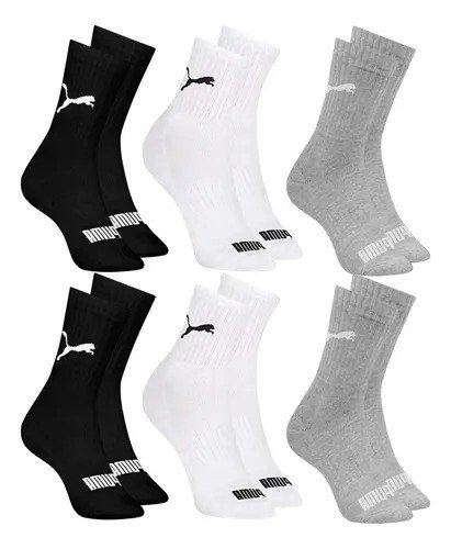 6 Pares Meias Puma Cano Médio Alto Atoalhada Academia Sport