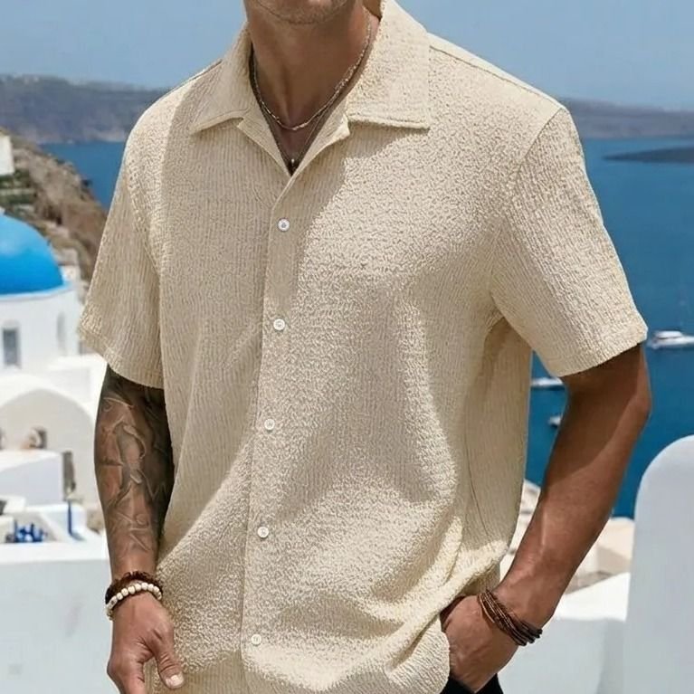 Camisa Casual Masculina Texturizada C/botões Old Money Bege (P ao GG)
