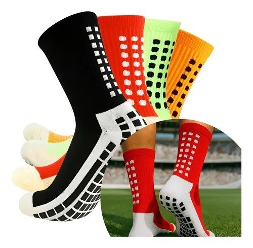 Kit 4 Pares Meia Antiderrapante Esportiva Futebol Treino Preto/ Vermelho/ Verde/ Laranja Tamanho Único