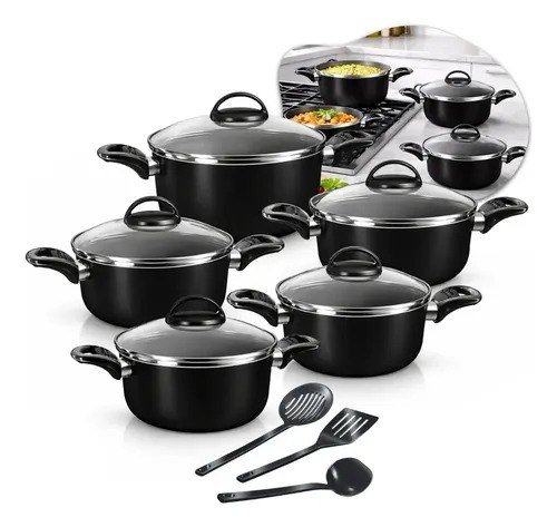 Conjunto De Panelas Caçarolas 5 Peças Antiaderente Com 3 Utensilios E Tampa De Vidro Preto