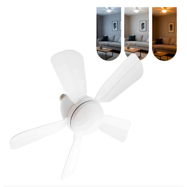 Ventilador Luminária Led 6 Pás Lâmpada Soquete Bocal E27 Teto 3 Cores Luz Branco Amarelo Bivolt