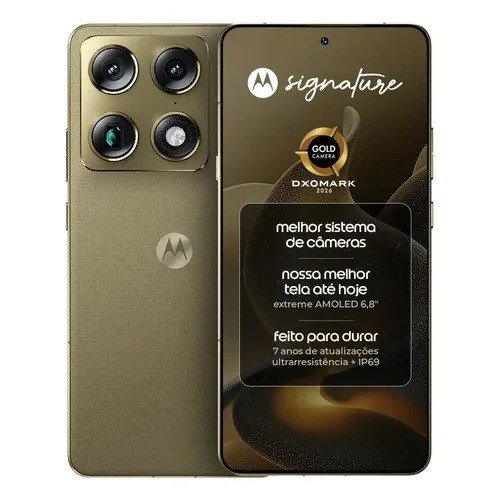 Smartphone Motorola Signature 5G - 512GB 12GB Ram + 12GB Ram Boost, 3 cameras 50MP Sony Lytia e Zoom 100x, Tela 1.5K extreme Amoled 165hz - Verde Oliva