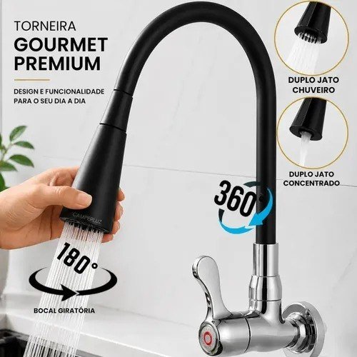 Torneira Gourmet Luxo Flexível Cozinha Parede 2 Jatos Pia Metal Cor Aço Inox e Preto - Marca Camperluz