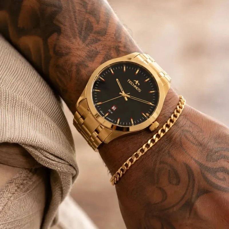 Relógio Technos Masculino Dourado Preto Com Calendário