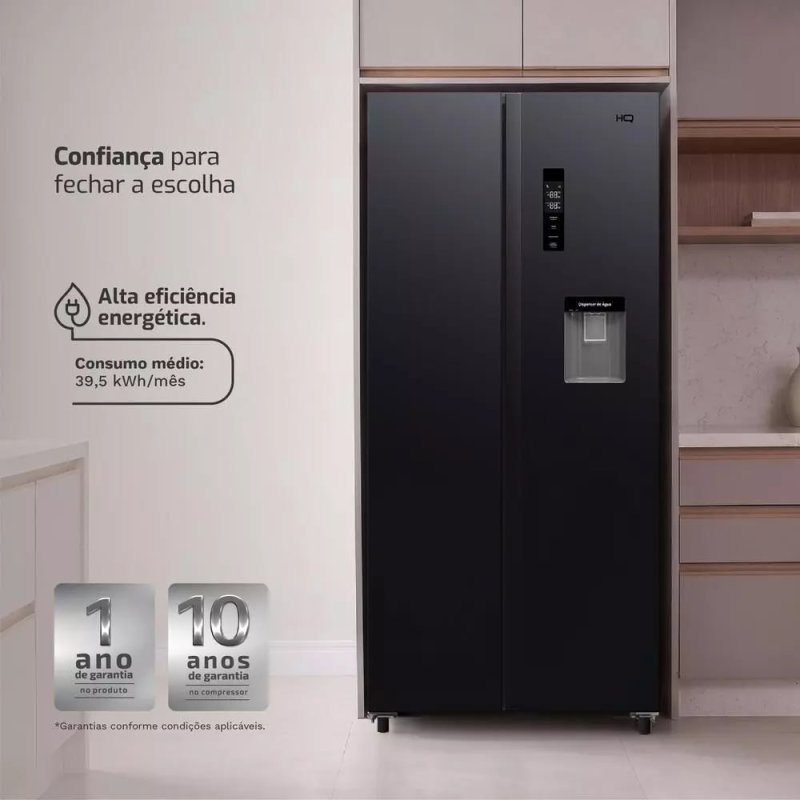 Geladeira Side By Side Frost Free 480 L HQ Inverter com Dispenser de Água Preta HQ-480SBSWD