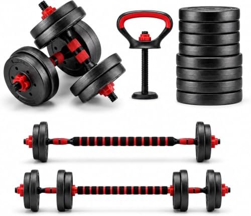 Halteres Ajustáveis Kit 6 em 1 até 15 kg com Barra Longa, Anilhas, Kettlebell e Apoio para Flexão