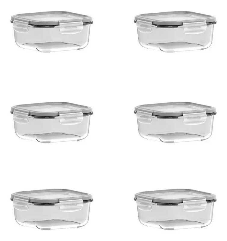 Conjunto De Potes 6 Peças Quadrados 830ml Com Tampa Hermética Cristalino Marinex