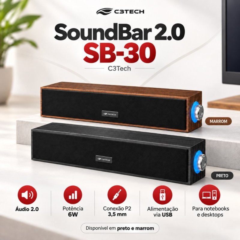 SoundBar C3Tech SB-30BW 6W Estilo Retro Acabamento de Madeira Audio 2.0