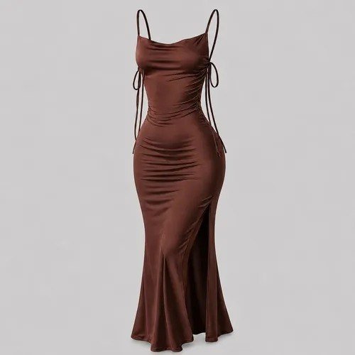Vestido Justo Longo Costas Nuas Fenda Lateral Colado Preto Marrom Único 36-42