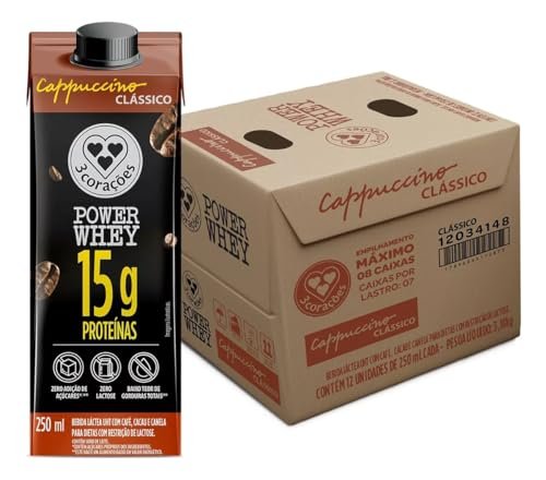 3 Corações Bebida Láctea Cappuccino Power Whey Clássico 15g de Proteína com Cafeína 250ml - 12 unidades