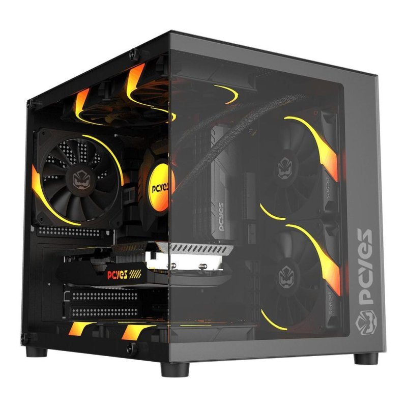 Gabinete Aquário Preto Gamer com Vidro Pcyes Forcefield Mini Black Vulcan Gffmnbv
