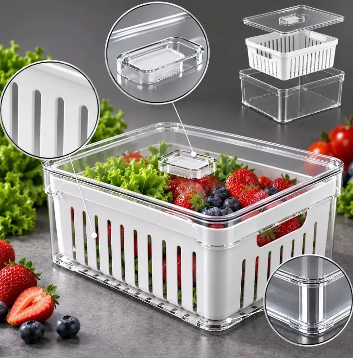 Organizador de Geladeira 2,2L com Cesto de Drenagem