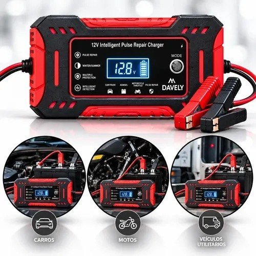 Carregador de Bateria 12V 6A Bivolt Inteligente Carro Moto Caminhão Automotivo 4Ah a 100Ah com Função Reparo Display Digital Proteção