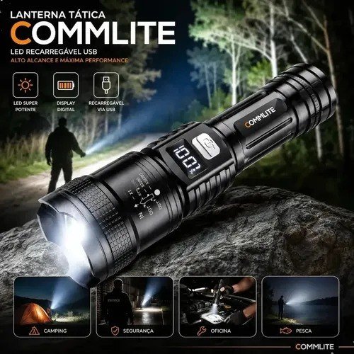 Lanterna Tática Recarregável Atualizada Led Visor Digital Zoom Telescopico ABS 3 Modos Iluminação USB Display Digital Zoom Potente Alta Potência Commlite