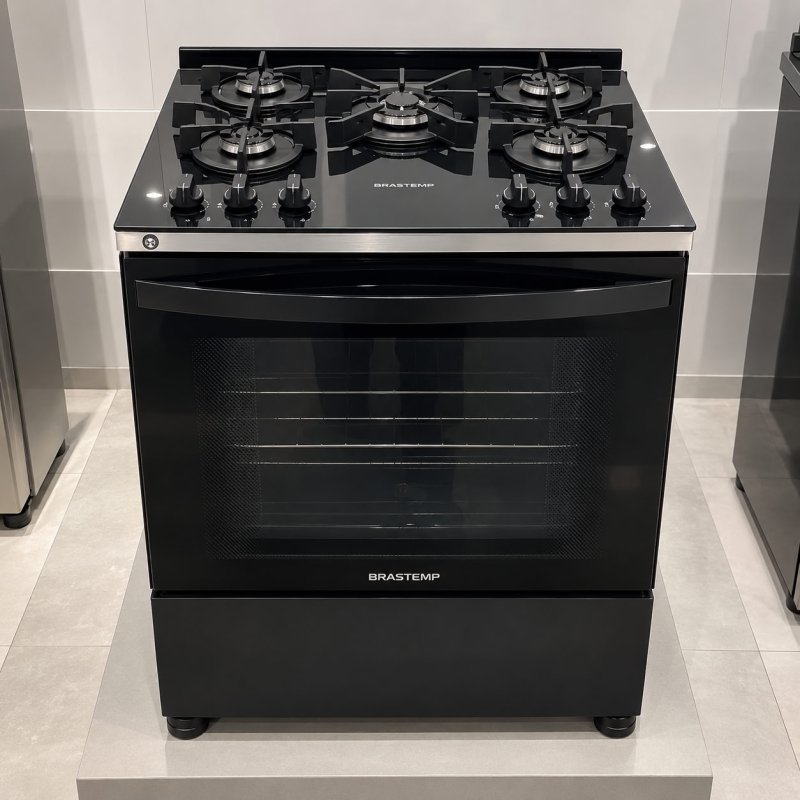 Fogão 5 Bocas de Piso Brastemp Mesa de Vidro Bivolt Preto BFS5VCE