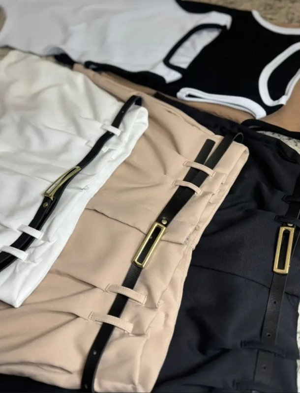 Kit 3 Short Alfaiataria e 3 Body Bicolor Preto Bege e Branco