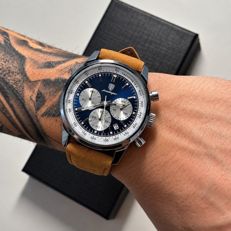 Relógio Luxo Poedagar Masculino Pulseira Em Couro Funcional