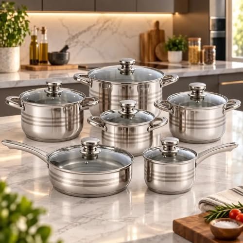 Jogo de Panelas Inox Premium Galya 7 Camadas Revestimento Interno e Externo Antiaderente 12 Peças