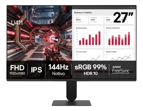 Monitor LG FHD Gamer & Office tela IPS 27”, 1ms (MBR), 144Hz Nativo, FreeSync, HDR10, sRGB, Modo leitura, Flicker Safe, HDMI, Black Stabilizer, Dynamic Action Sync, Preto - 27U411B