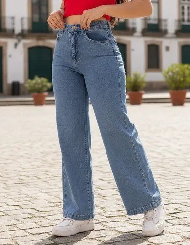 Calça Jeans Pantalona Wide Leg Barra Larga Cintura Alta 100%