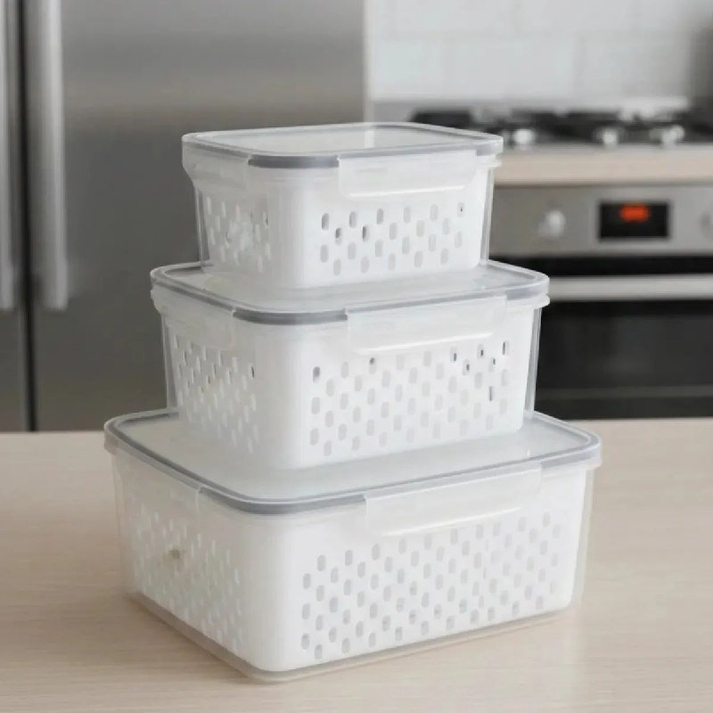 Kit 3 Potes Herméticos Caixa Organizadora Com Cesto Escorredor Para Legumes Frutas Verdura