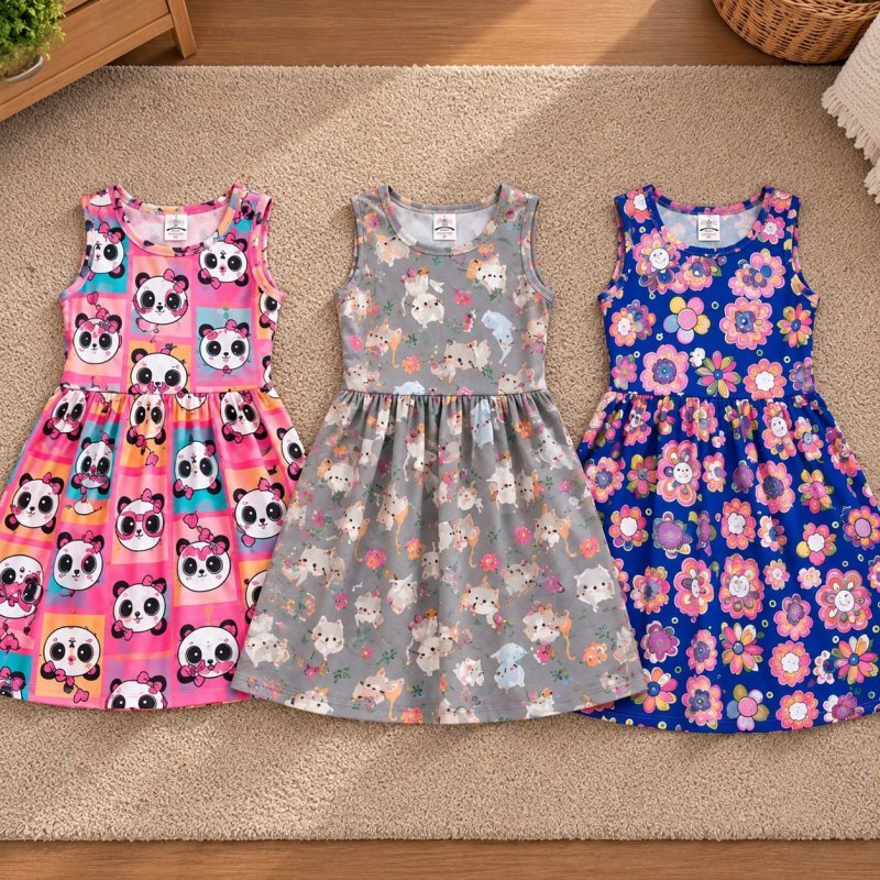 Kit 2 Vestidos Infantis Evasê Sem Manga