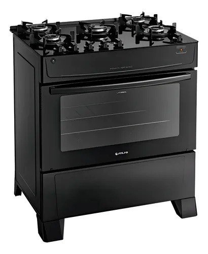 Fogão Atlas 5 Bocas preto Mônaco Top Glass com Acendimento automático