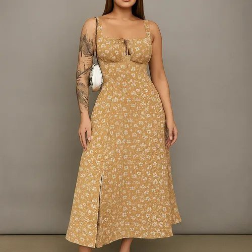 Vestido Midi Floral Feminino Com Fenda Lateral E Laço
