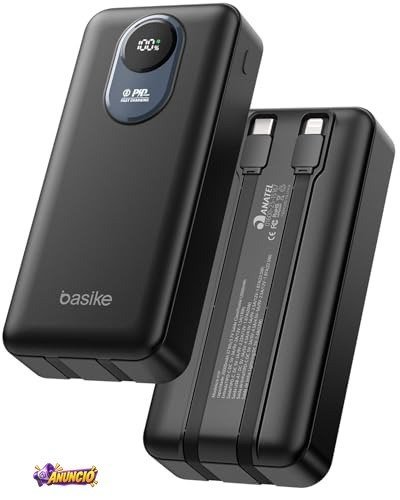 Basike Power Bank 20000mAh, Carregador Portátil, 2 Cabos Integrados (Preto)