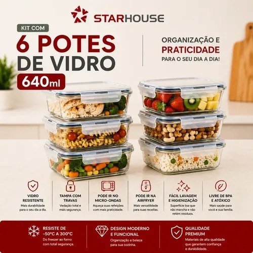 Kit 6 Potes 640ml Vidro Hermético 4 Travas Marmita Refratario Star House