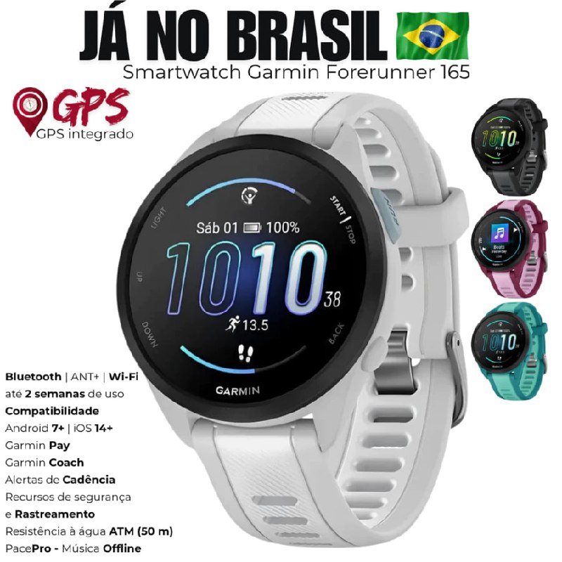Relógio Garmin Forerunner 165 AMOLED GPS Integrado Garmin Pay Bluetooth ANT+ Wi-Fi Bateria de até 20 dias